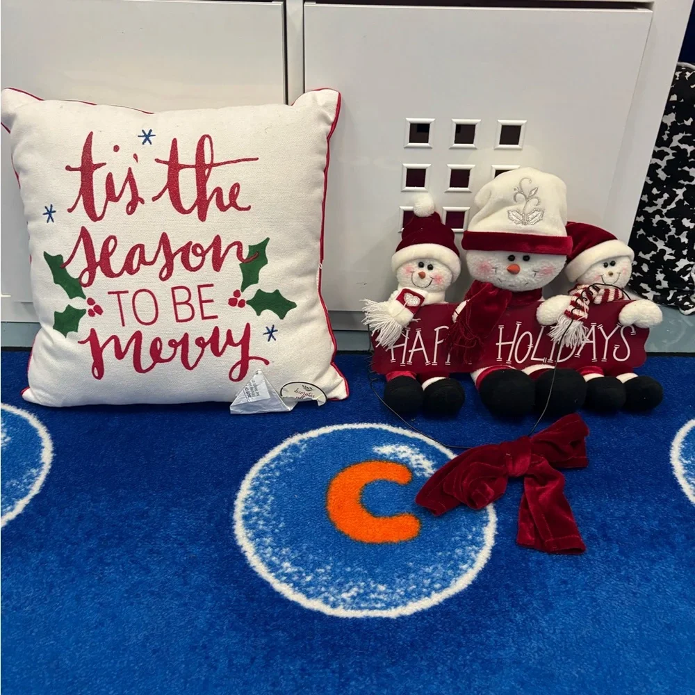 Festive Holiday Pillow and Snowman Decor Set for Home or Classroom